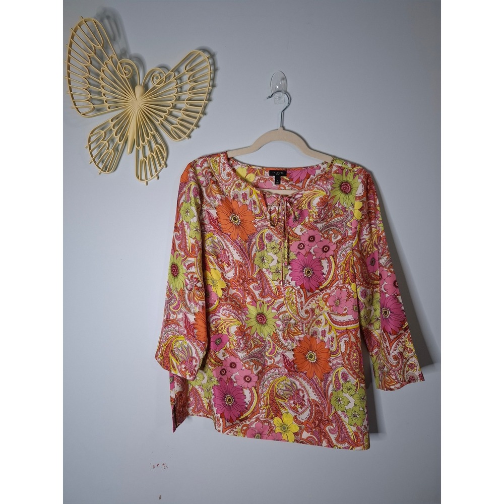 Talbots Petites 100% Silk Paisley Floral Blouse Pink Orange Yellow PM